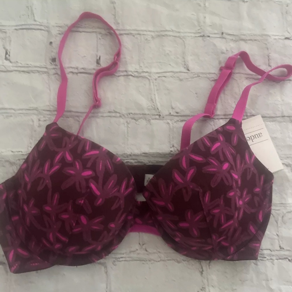 Auden Bra 34B Burgundy Floral Lined T Shirt Underwire Everyday Comfort